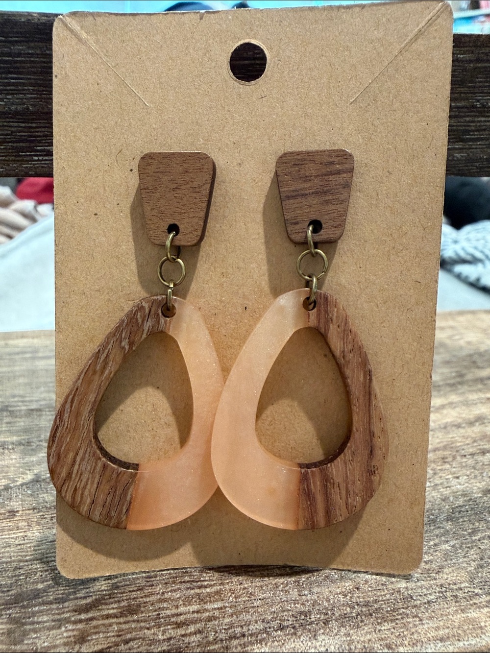 Handmade Peach Resin & Wood Teardrop Earrings